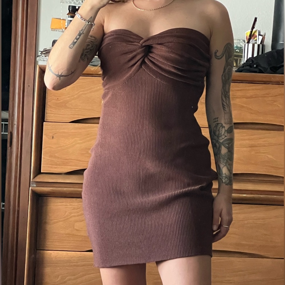 Brown Knit Tube Top Mini Dress